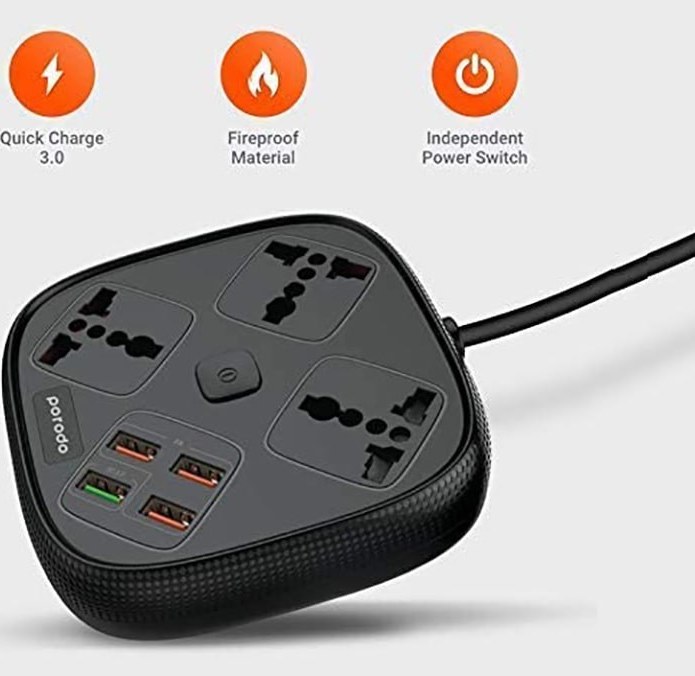 چند راهی برق و شارژر پرودو PORODO 4 USB 3 SOCKETS PD-SC3302 دارای ۴ پورت