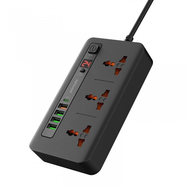 چند راهی و تبدیل برق سه سوکت، 4 یو اس بی، 1 تایپ سی دو متری پرودو Porodo FWCH013